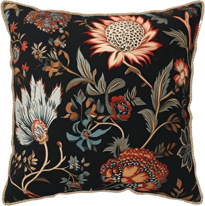 Vintage Red Orange Blue Floral Velvet Pillow Covers 16x16 Inch Retro Abstract Boho Flowers Throw Pillows For Couch Cushion Covers Pillowcase Bohemian Farmhouse Pillow Cases for Sofa Bed Bedroom