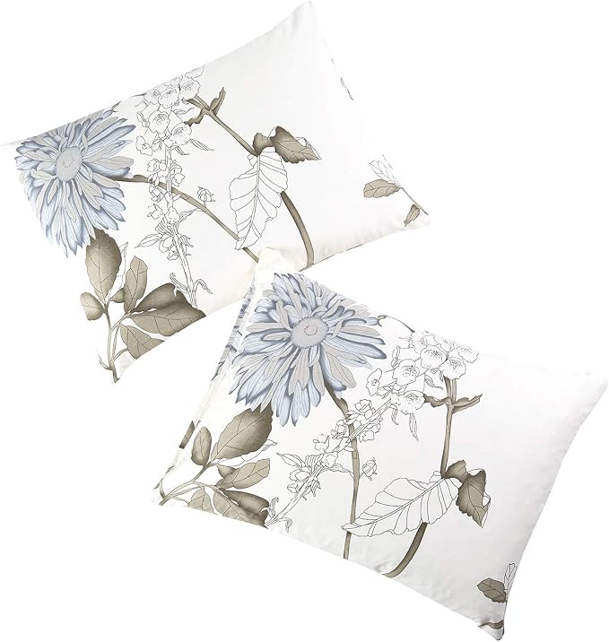Wake In Cloud - Floral Pillow Cases, 100% Cotton Fabric, Vintage Flower Shabby Chic Farmhouse Botanical, Set of 2 Pillowcases Pillow Shams Covers, Gray Beige, Standard Size 20x26 Inches