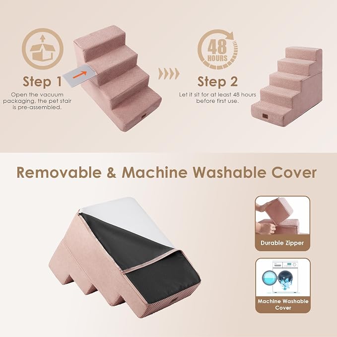 EHEYCIGA Dog Stairs for High Bed 22.5" H, 5-Step Extra Wide Dog Steps for Bed, Pet Steps for Small Dogs and Cats, Non-Slip Balanced Pet Ramp Indoor, Pink