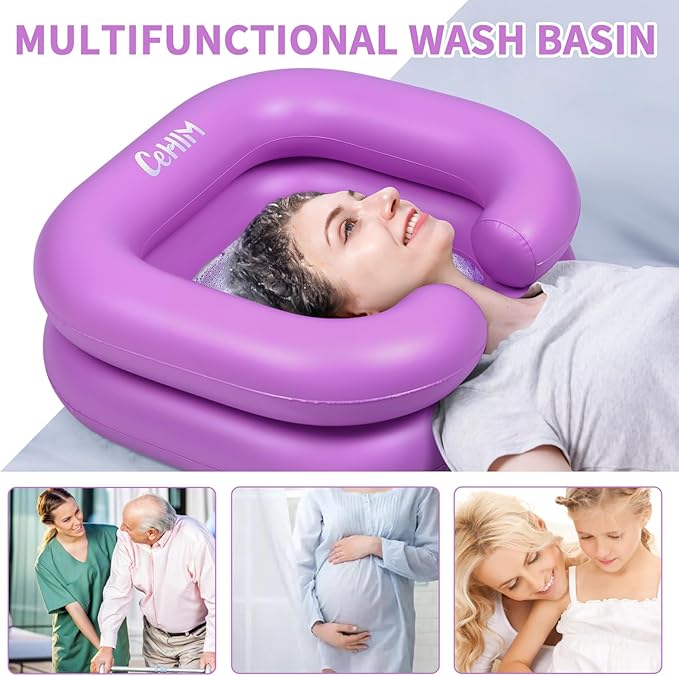 Inflatable Shampoo Basin - Portable Shampoo Bowl, Hair Washing Basin for Bedridden, Disabled,Injured, Hair Wash Tub for Dreadlocks and at Home Sink Washing (Purple)