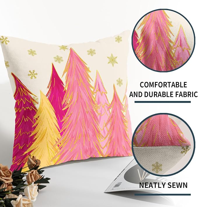 Christmas Pillow Covers 22X22 Inch Set of 2 Hot Pink Xmas Trees Decorative Pillow Cases Golden Snowflakes Cotton Linen Cushion Case Farmhouse Winter Holiday Home Decor for Sofa Couch Bedroom
