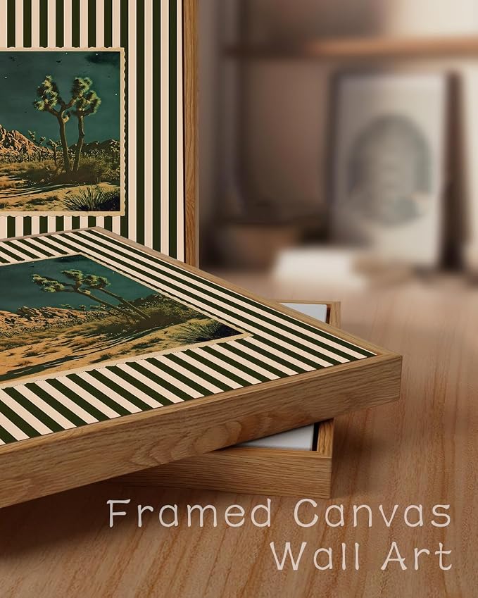 ZZLWBKGL Desert Canvas Art Boho Framed Wall Art for Living Room 16x24in | Vintage Western Artwork Southwestern Cactus Picture Mid Century Striped Paintings for Bedroom Study