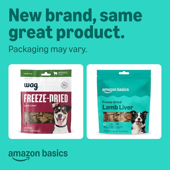 Amazon Basics Freeze-Dried Raw Single Ingredient Dog Treats, Lamb Liver, High Protein, Healthy Training Treats or Meal Topper for All Dogs, Grain-Free, 3.3oz (Previously Wag) (Pack of 2)