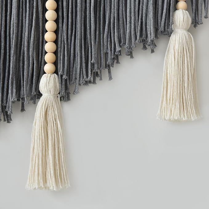 Jakalin Macrame Wall Hanging Grey Woven Yarn Large Boho Wall Art 57" x 43" | Handwoven Cotton, Fiber Wall Art, Grey Dip dye Design, Home Decor Boho, Macrame Yarn, Living Room, Bedroom Wall Decor