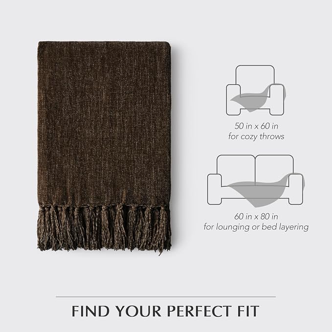 Chenille Knit Throw Blanket for Couch, 50"x60", Dark Brown | Cozy Plush Fuzzy Knittd Throw with Tassels, Lightweight, Decorative, Farmhouse Decor, Ideal for Bed Sofa Gift, All Seasons