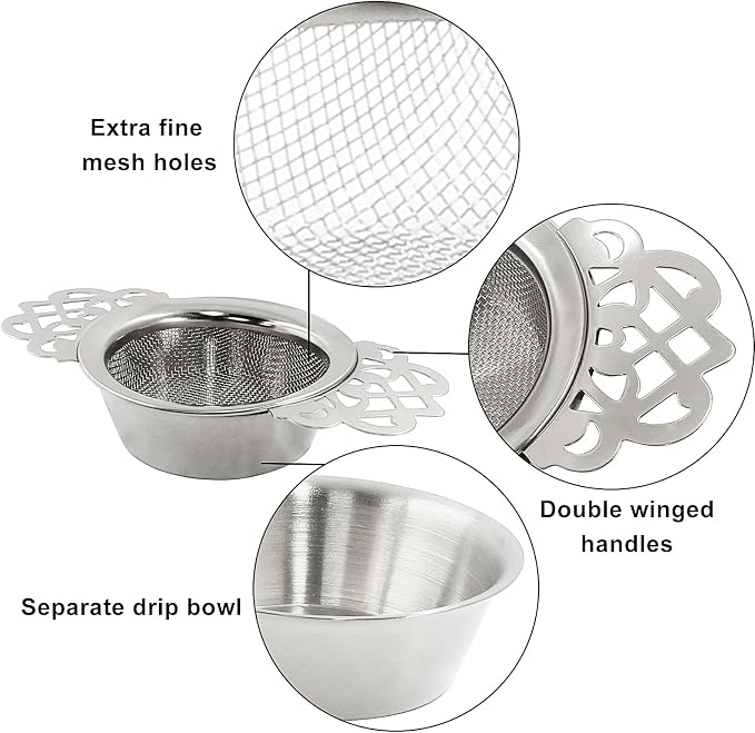 2 Pack Tea Strainers with Drip Bowls, Stainless Steel Tea Strainer Bowl Loose Leaf Tea Filter for 2.5-4 Inch Cup Mouth (Sliver)