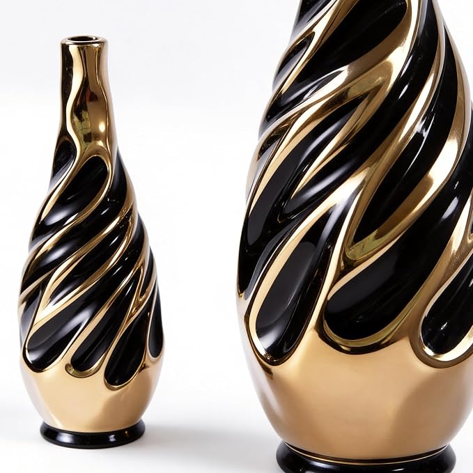 Yundu Gold with Black Vase Set of 2 | Pampas Grass Vase, Ceramic, Boho & Modern Centerpieces, Living Room Decor