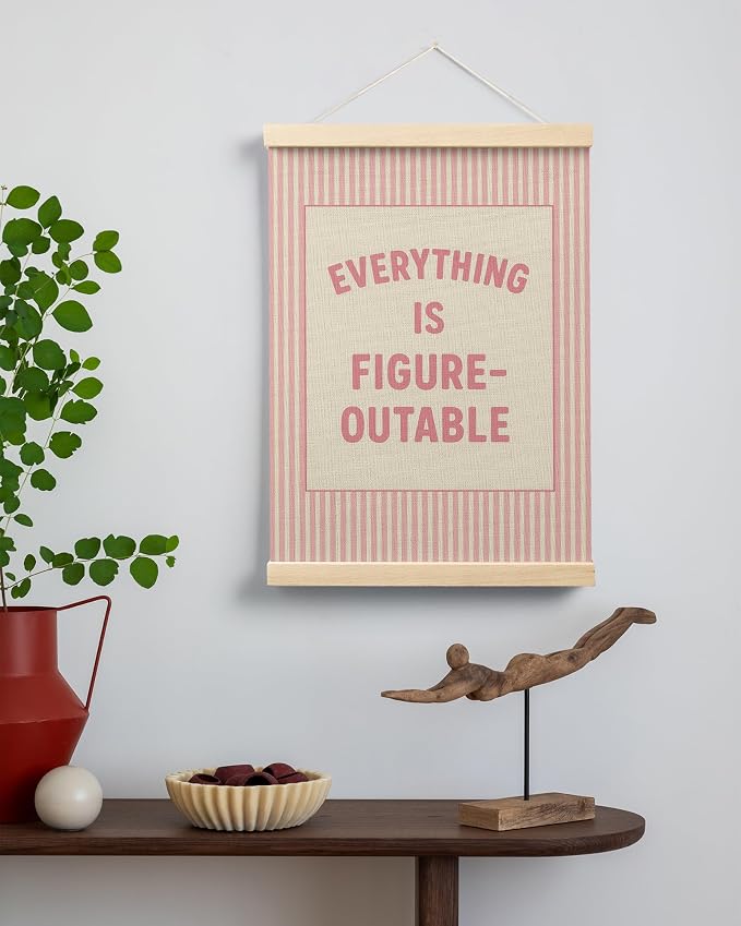 FGFK Preppy Pink Everything Is Figureoutable Inspirational Wall Art Poster Hanger Frame, Girly Pink Striped Positive Affirmations Canvas Prints Framed Wall Decor for Girls Bedroom Dorm, 12x16 Inch
