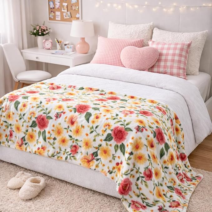 Spring Velvet Fleece Floral Throw Blanket: Golden Meadow of Pink Yellow Green Flowers on a Colorful Soft Cozy White Design, Oversized 50" x 70"