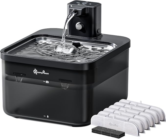 DownyPaws Cat Water Fountain Cordless, Pet Fountain, Black Pro, 6 Filters | Wireless Cat Drinking Water Fountains for Cats Indoor, Fursink , Battery Operated, Motion Sensor, Ultra Quiet Pump, BPA-Free