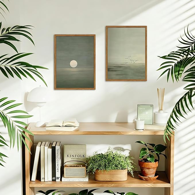 Framed Sage Green Japanese Canvas Wall Art Set of 2, Minimalist Moon and Birds Pictures Wall Decor, Neutral Landscape Artwork Paintings Prints Zen Home Decor for Living Room Bedroom Office 12x16 inch