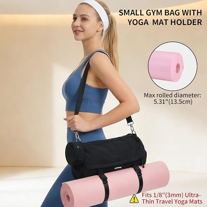 Small Gym Bag for Women Men, 15L Sports Workout Bag with Wet Pocket and Yoga Mat Holder, Lightweight & Water-Resistant Mini Travel Duffle Bag (Black)