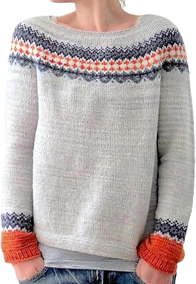 Zhyaj Fair Isle Sweater for Womens Winter Long Sleeve Vintage Knitted Sweater Casual Fall Crew Neck Pullover Sweaters