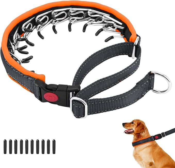 Martingale No Pull Dog Collar for Large Medium Small Dogs, Heavy Duty Nylon Reflective Adjustable Anti Pull Slip Collar with Buckle for Training Walking M Black Orange