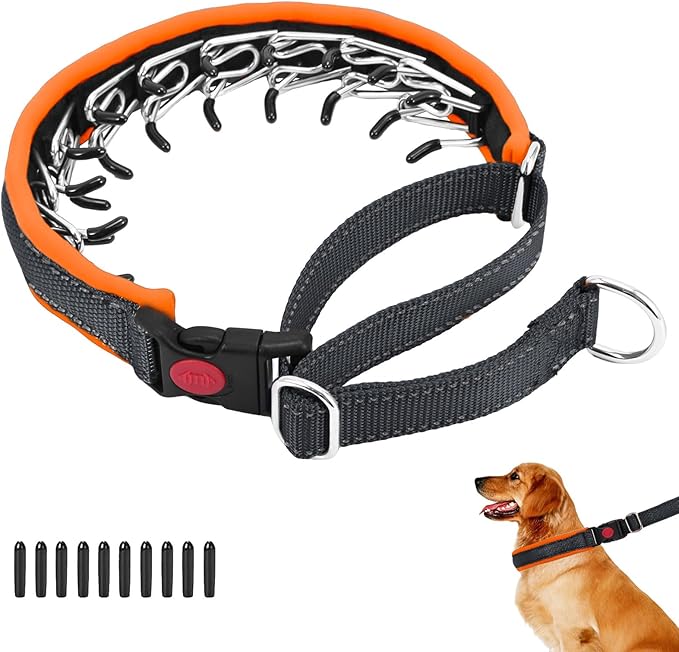 Martingale No Pull Dog Collar for Large Medium Small Dogs, Heavy Duty Nylon Reflective Adjustable Anti Pull Slip Collar with Buckle for Training Walking L Black Orange