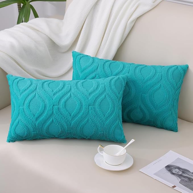 decorUhome Faux Fur Plush Soft Turquoise Throw Pillow Covers 12x20 Set of 2 | Plush Solid Fall Couch Pillow Covers, Accent Modern Farmhouse Neutral Decorative Square Pillow Cases for Sofa Bed Living Room