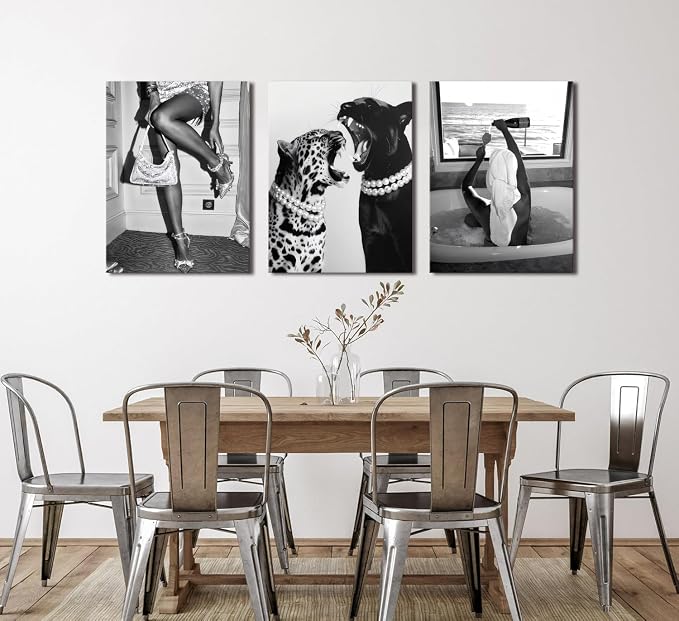 Bathroom Fashion Leopard Print Black and White Canvas Wall Art Trendy Women Posters Paintings Luxury Feminist Pictures Wall Decor for Bedroom Living Room Hallway Home Decoration 16x24 In Framed