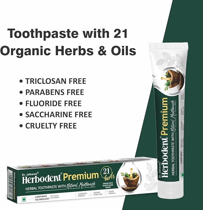 Herbodent® Premium Toothpaste - 5.82 Oz Pack of 1 | 21 Herbs for Strong Teeth & Healthy Gums- Neem, Clove, Cinnamon, Cardamom with Natural Mouthwash-No Paraben, No Fluoride, No Saccharin, No Triclosan