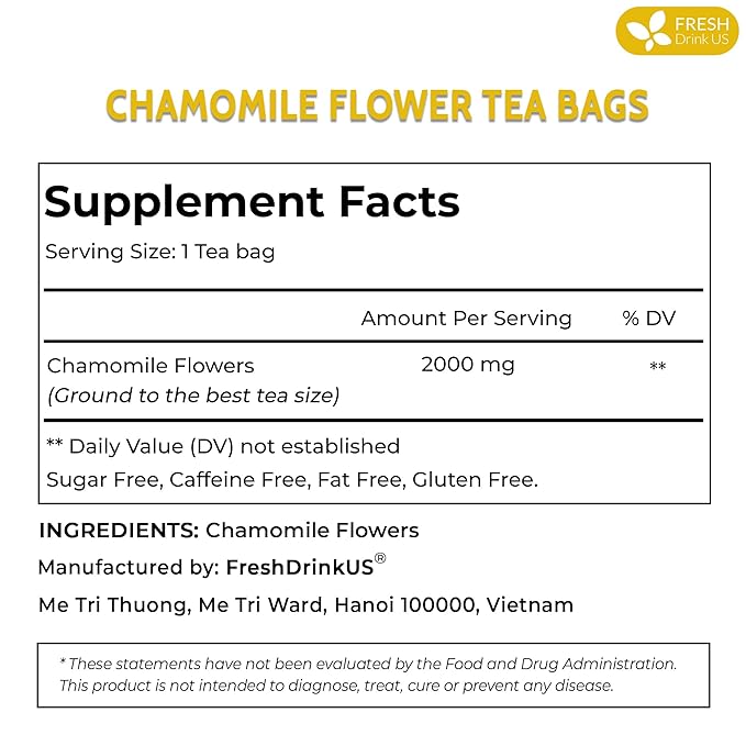 FRESHDRINKUS, 135 Chamomile Tea Bags, 100% Natural and Pure Chamomile Flowers, Eco-conscious Tea Bags. Chamomile Flower Herbal Tea. No Sugar, No Caffeine, No Gluten, Vegan.