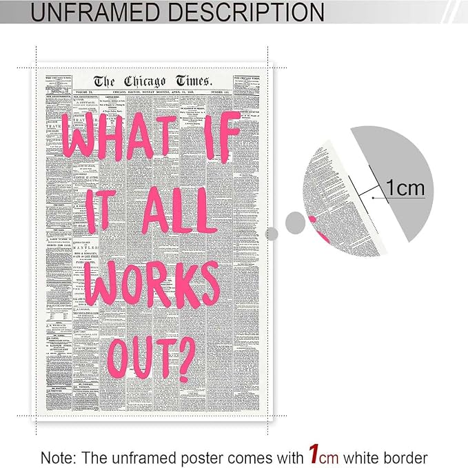 Drimiler What If It All Works Out Poster Retro Newspaper Pink Font Canvas Wall Art Positive Affirming Quote Minimalist Prints Painting For Home Bedroom Dorm Wall Decor 24x36in Unframed