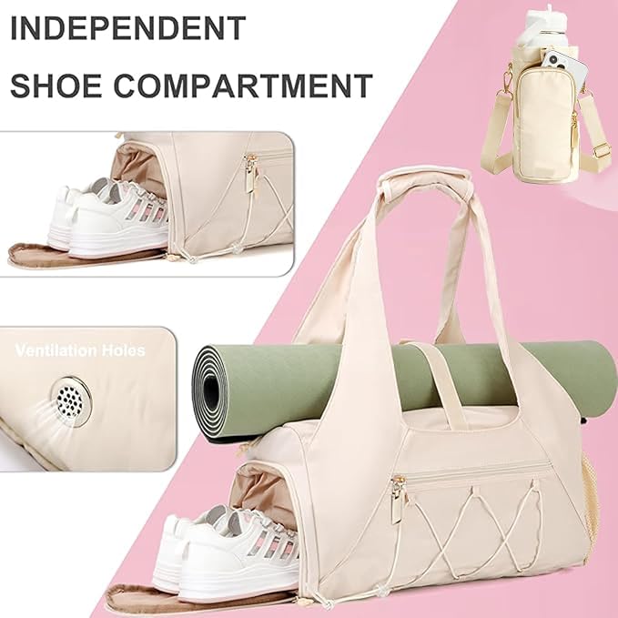 Gym Bag for Women, Yoga Mat Bag with Shoe Compartment and Wet Pocket, Sport Yoga Gym Bag with Yoga Strap, Carryall Yoga Tote Bag