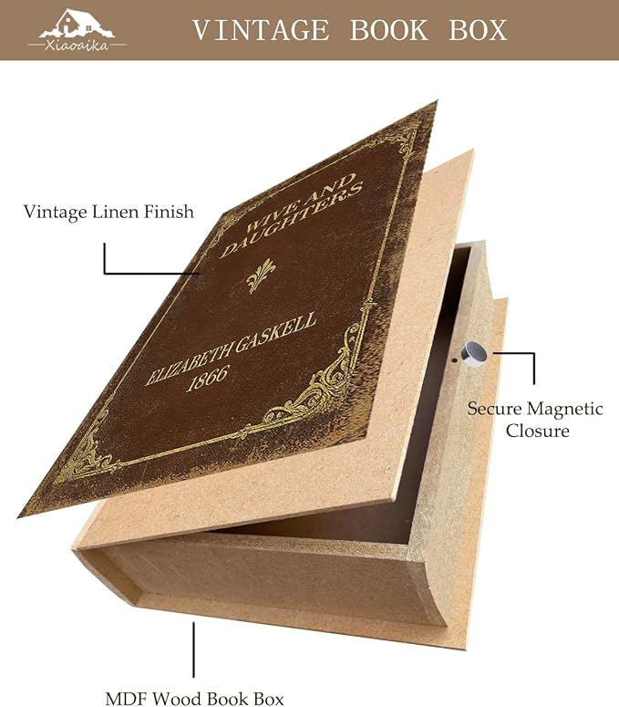 Vintage Faux Leather Decorative Book Box – Wooden Secret Storage Box with Magnetic Closure, Hidden Organizer for Bookshelf, Desk, or Office Decor (Wives and Daughters)
