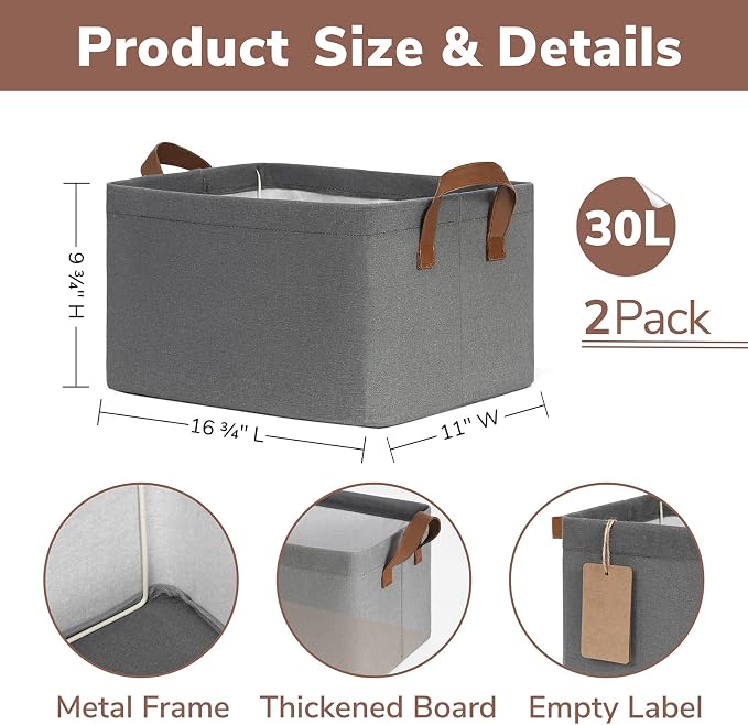 CHICVITA 30L Large Closet Storage Bins with Handles, 2-Pack, Grey | 16 ¾" L x 11" W x 9¾" H, Metal Frame, Clothes, Towels, Toys & Daily Essentials Storage, Closet & Shelves Organization