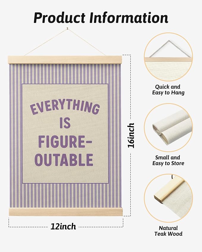 FGFK Everything Is Figureoutable Positive Affirmations Wall Art Poster Hanger Frame, Retro Purple Inspirational Canvas Prints Framed Wall Decor for Office Classroom Home Bedroom, 12x16 Inch