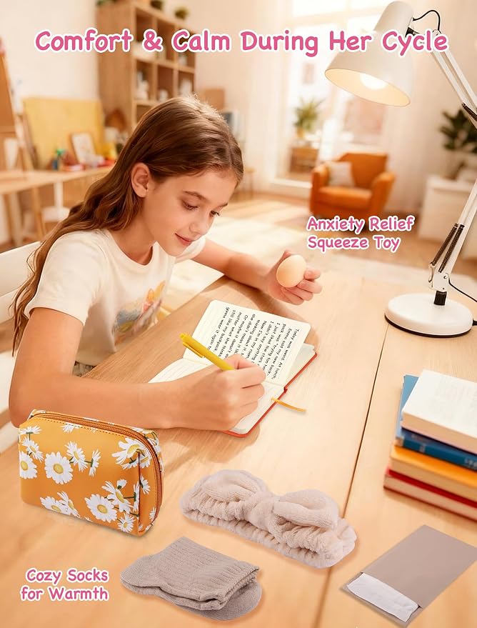 First Period Gift Kit for Girls 9-12 | Complete Tween Period Set with Daisy Yellow Bag, Leak-Proof Panties, Teen Pads, Wipes, Diary, Nail Stickers & More – Perfect for School & Travel (S)