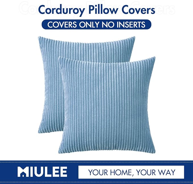MIULEE Decorative Corduroy Throw Pillow Covers Set of 2 18x18 Light Blue | Soft Striped Textured Cushion Cases, Boho Energetic Vibe Pillowcases for Home Decor, for Couch Chair Sofa Bed Living Room