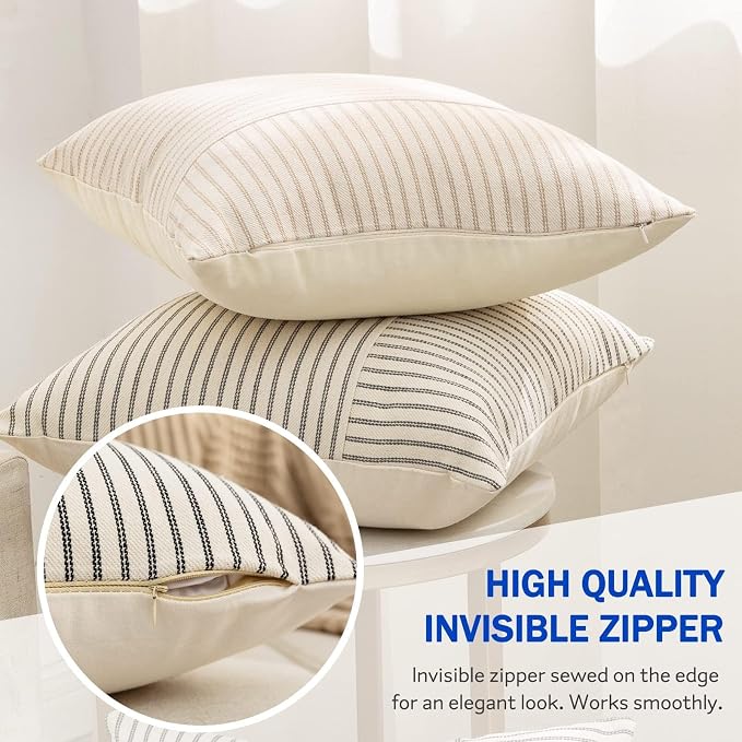 YCOLL Farmhouse Euro Sham Pillow Covers 26x26, Modern Throw Pillow Covers Set of 2, Yellow and Beige Striped Patchwork Linen Decorative Pillows Cushion Covers for Bed Sofa Couch Living Room