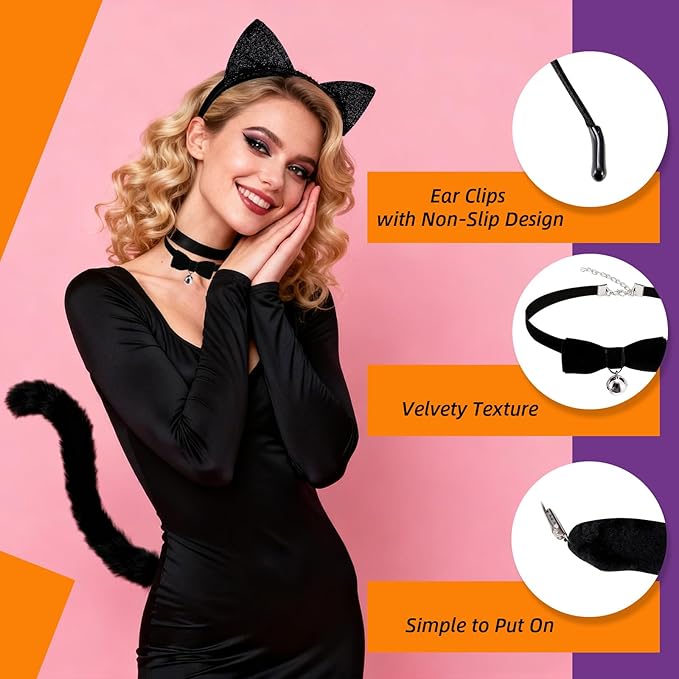 Halloween Black Cat Makeup Kit, Ears Headband, Black Lipstick, Eyeliner, Tail, and Bell Collar, Costume Accessories for Cosplay Party SFX Makeup