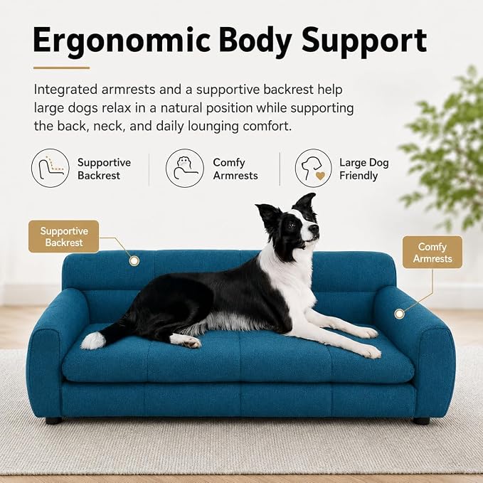 51"×28" Large Dog Sofa, for Large & Extra Large Dogs | Detachable Cushion | Reinforced Low Base|Non-Sagging |Breathable Linen Fabric | Soft Cushion | Armrest & Backrest | Blue