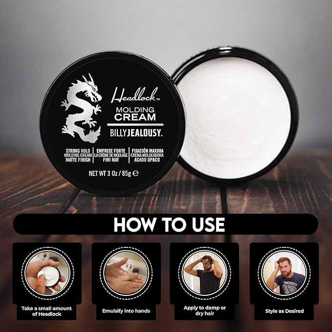 Billy Jealousy Headlock Hair Molding Cream, Hair Styling Cream for Men with Strong All-Day Hold, Natural Matte Finish Styling Agent for All Lengths, 3 Ounce