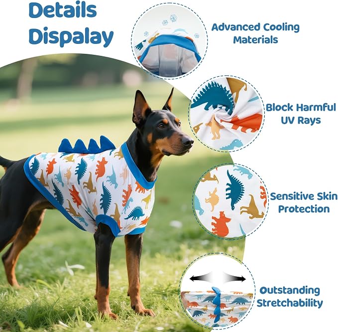 UPF 50+ Sun Protection Dog Shirt - Sleeveless Cooling Vest for Large Dogs Boy, Quick-Dry Pet T-Shirt with Funny Dinosaur Horns, UV Protective Breathable Dog Clothes U-COSBX02XL