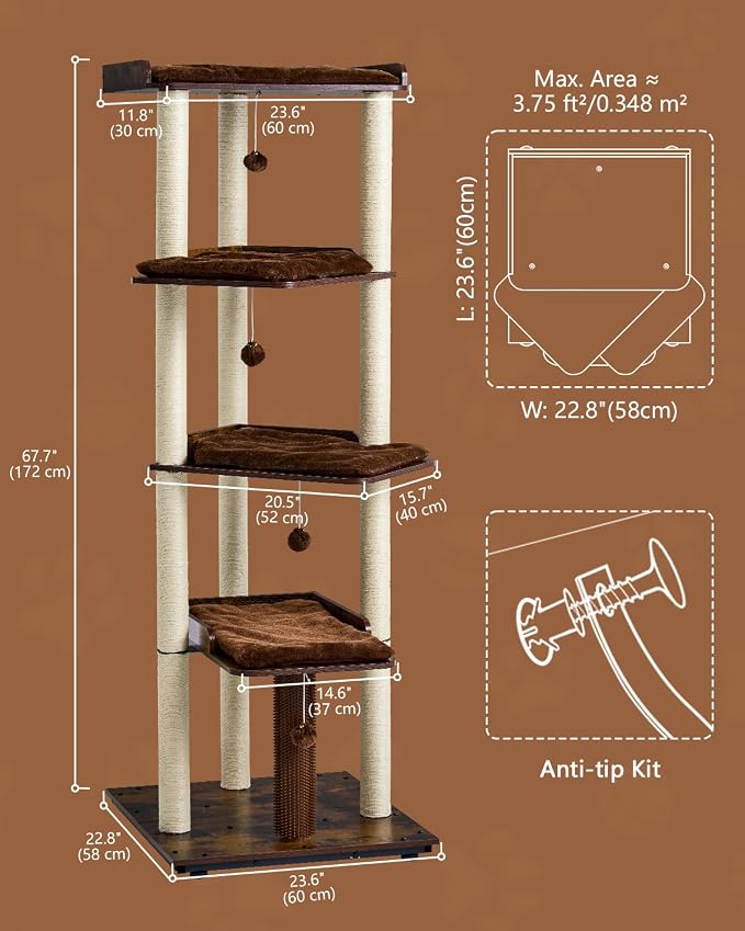 FourFurPets Heavy Duty Cat Tree, 67.7" Cat Tree for Indoor Cats Large Adult, Modern Cat Tower for Large Cats, Cat Tower with Scratching Post, Large Perch and Removable Pads, Rustic Brown