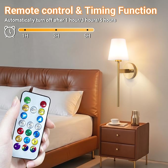 Nekhung Battery Operated Wall Sconce, Peel and Stick Sconces Set of 2 | Wireless Adhesive Stick On Wall Sconce, 10000mAh Rechargeable RGB Bulb with Remote, No Drill Wall Light for Bedroom Decor