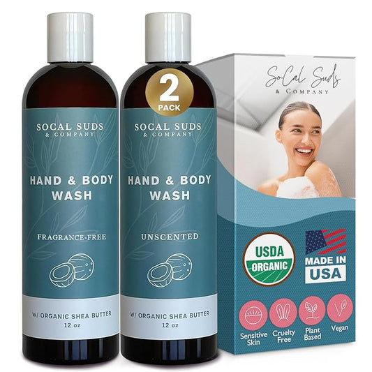 SoCal Suds & Company Organic Shea Butter Body Wash, 2-Pack – Fragrance-Free Liquid Castile Soap for Hand & Body, Moisturizing Plant-Based Organic Soap for Women, Men & Sensitive Skin (12oz Each)