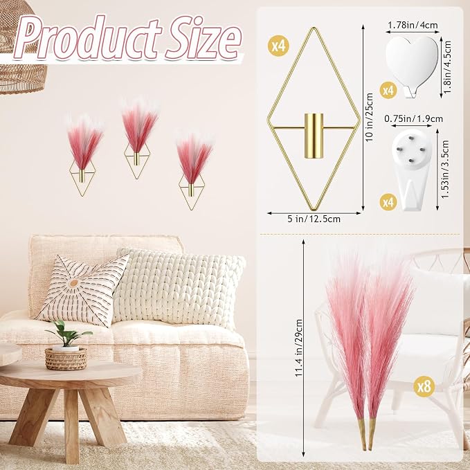 Hanaive 4 Sets Boho Wall Decor Metal Wall Art Hanging Planters with Artificial Pampas Display Modern Home Vase for Bedroom Home Office(Sweet,Bean Paste Color, Beige, Light Pink)
