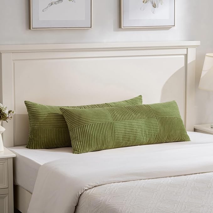 Fancy Homi Set of 1 Moss Green Boho Long Lumbar Body Decorative Throw Pillow Cover 14x36 Inch for Bed Couch Bedroom Bench, Soft Patchwork Corduroy Textured Pillow Case, Rustic Farmhouse Room Decor