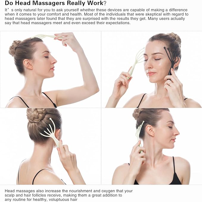 Head Massager,Protable Handheld SPA Scalp Massage Tool for Deep Relaxation & Stress Reduction Wet and Dry in The Office Home SPA (2-Pack) (White White)