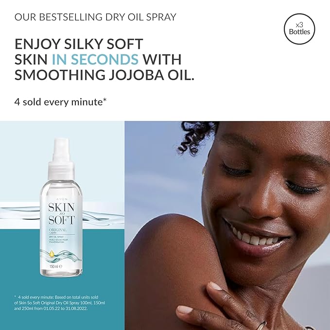 AVON SKIN SO SOFT Original Jojoba Oil Spray – Lightweight DRY Oil with Natural Moisturizing JOJOBA for Silky Smooth, Hydrated Skin 5.Fl Oz 150 ML (3-PACK)