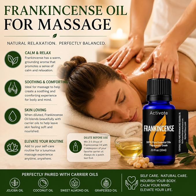 Activate USDA Organic Frankincense Essential Oil, 100% Pure & Undiluted, Steam Distilled Frankincense Oil for Aromatherapy, Diffuser, Massage, Skin Care, Candle & Soap Making, 10mL (0.33 fl oz)