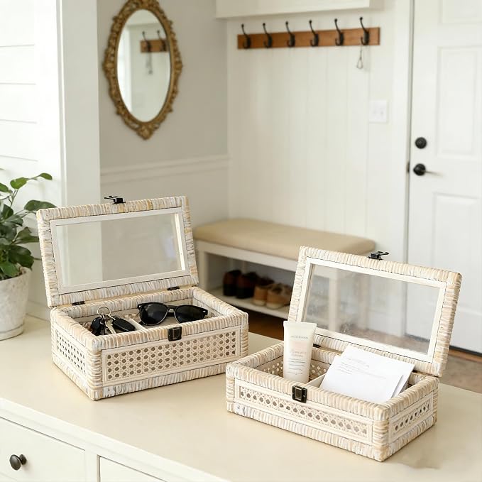 Set of 2 Rattan and Cane Stacking Boxes ,12" and 14", White Wash | With Glass Top Lid - For Boho and Rustic Farmhouse Decor