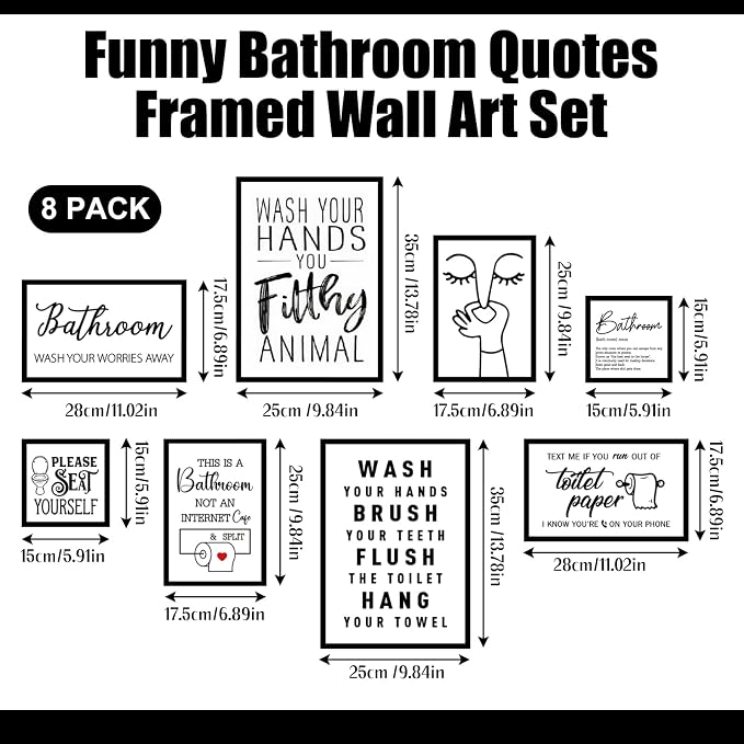 Faccito 8 Set Bathroom Wall Decor Funny Blacl and White Quotes Bathroom Wall Art Interesting Bad Smell Humorous Toilet Wooden Decoration Fun Wallart Signs Toilet Decor for Washroom