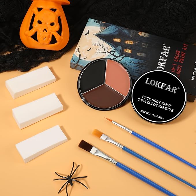 Black Brown Terracotta Face & Body Paint - Blendable Facepaint Foundation with Sponge & Brush for Skin, Professional Halloween Face Make-up Kit for Wolf Werewolf Tiger Deer Lion Beard Cosplay Costume