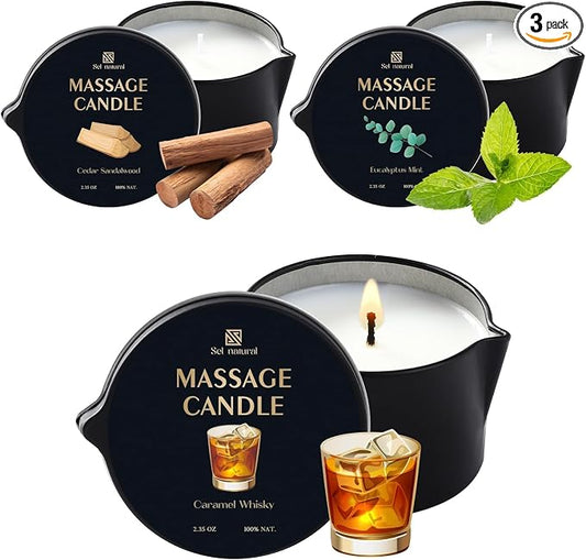 3 Pack Massage Oil Candles 2.35oz Low Temp Massage Candle Wax Spa Therapy Body Oil Valentines Gifts for Relaxation, Couples, or Self-Care (2.35 oz, Eucalyptus Mint, Cedar Sandalwood, Caramel Whisky)