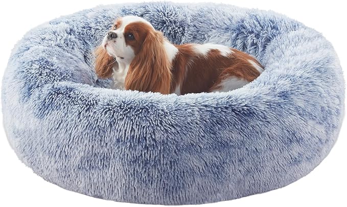 30 inches Faux Fur Fluffy Donut Dog Bed for Medium Dogs,Dark Blue | Calming Plush Round Pet Bed with Removable & Washable Cover,Fits up to 45 lbs Pets