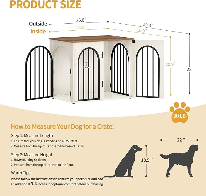 Hzuaneri 26.8'' Dog Crate Furniture,Dog Kennel Indoor for Small Dogs | Dog Kennel Furniture Wooden Dog Cage Heavy Duty Dog Crate Decorative Pet House End Side Table TV Stand,White Brown DFC85514B