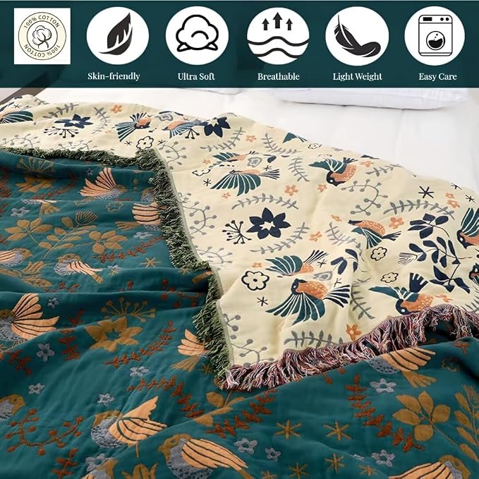 Boho Throw Blanket for Bed 100% Cotton Bohemian Blankets Ultra Soft Woven Muslin Decorative Blankets All Seasons Vintage Quilt Knitted Blanket for Sofa Chair(Blue, 80"x90")